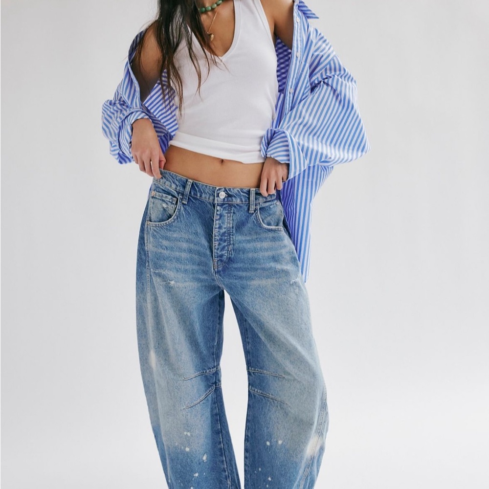 We The Free Viral “Good Luck Barrel Jeans” Distressed Blue Boyfriend Jeans